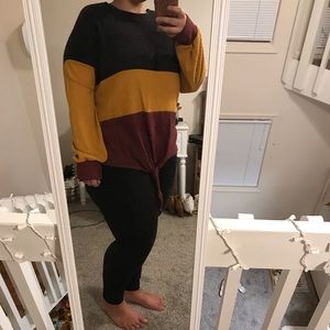 Color Block Tie Front Waffle Knit Top